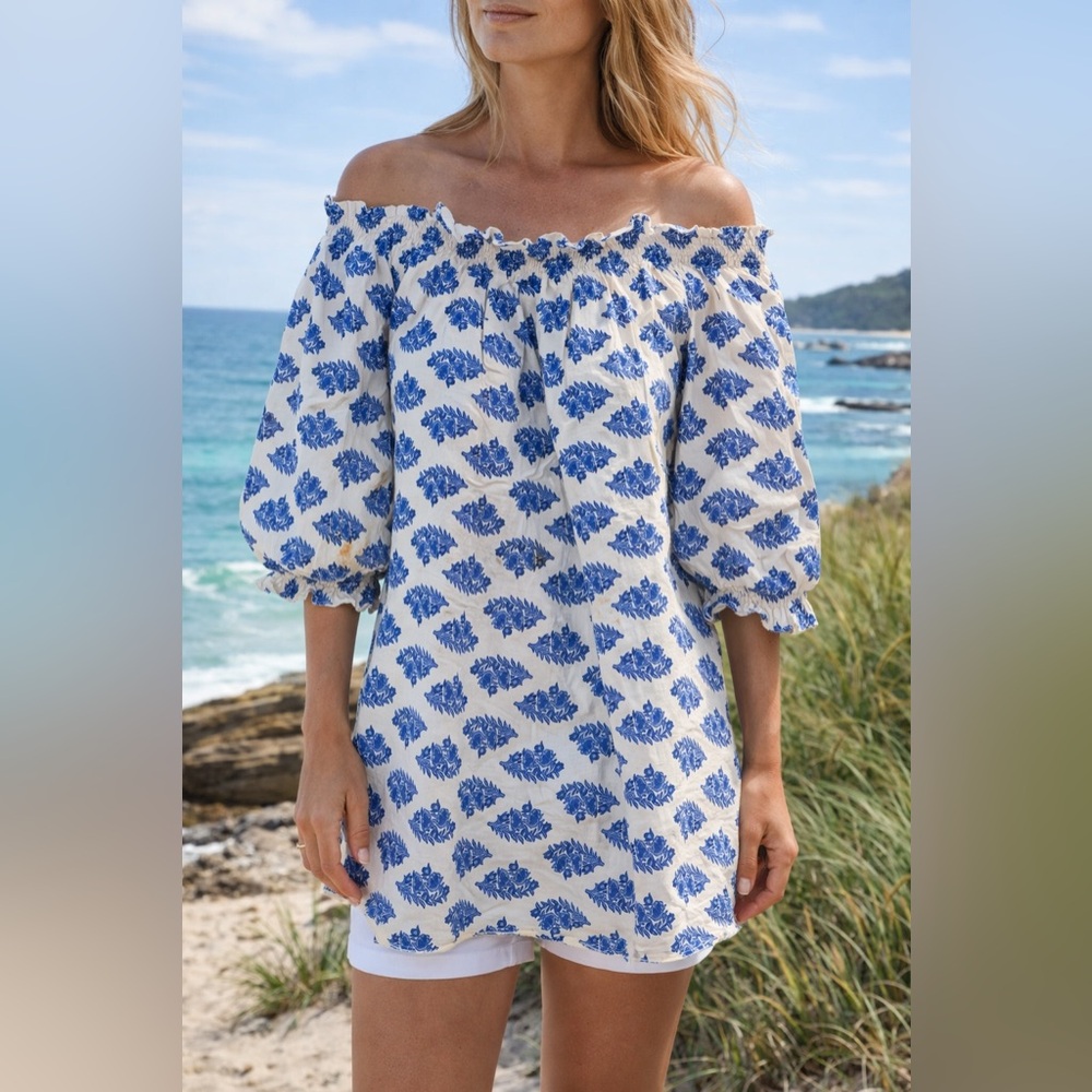 NWT Backwoods Boutique Coastal Blue Floral Puff Sleeve Dress Small
